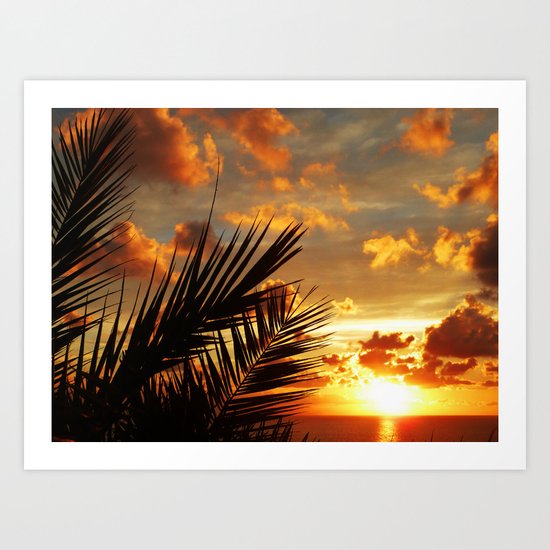 Golden Sunset on the Ocean with Palmtree Art Print