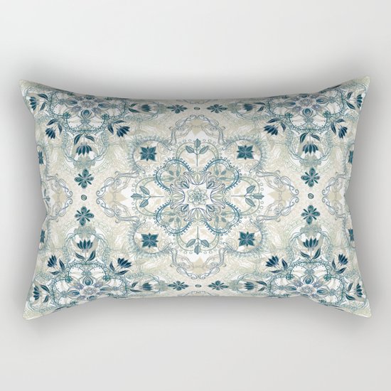 Forest Green & Neutral Taupe Detailed Lace Doodle Pattern Rectangular Pillow