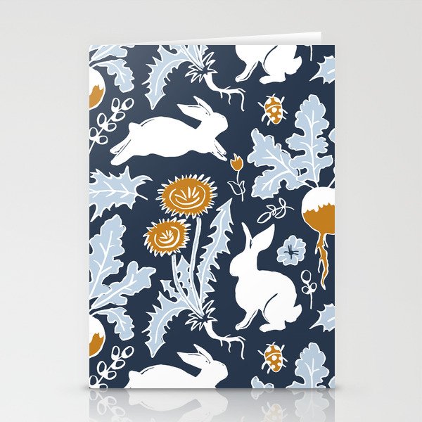 white running rabbits on dark blue pattern Stationery Cards