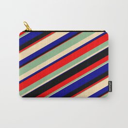 [ Thumbnail: Dark Sea Green, Beige, Dark Blue, Black & Red Colored Lines/Stripes Pattern Carry-All Pouch ]