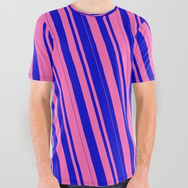 [ Thumbnail: Hot Pink & Blue Colored Lines/Stripes Pattern All Over Graphic Tee ]