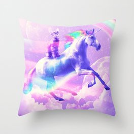 Kitty Cat Riding On Flying Unicorn With Rainbow Throw Pillow