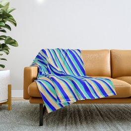 [ Thumbnail: Blue, Turquoise & Beige Colored Striped/Lined Pattern Throw Blanket ]