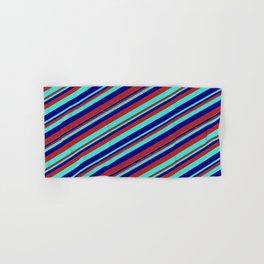 [ Thumbnail: Blue, Red & Turquoise Colored Stripes Pattern Hand & Bath Towel ]
