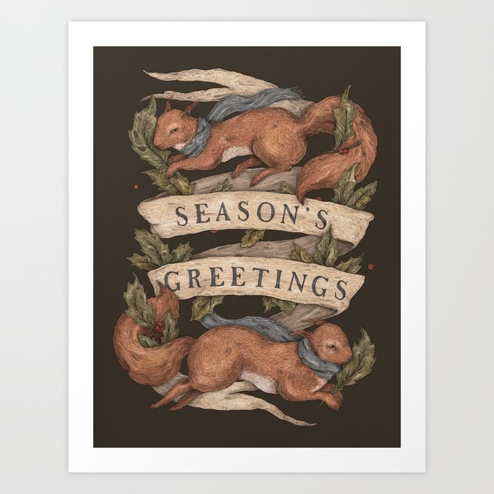Red Squirrel Season's Greetings Art Print