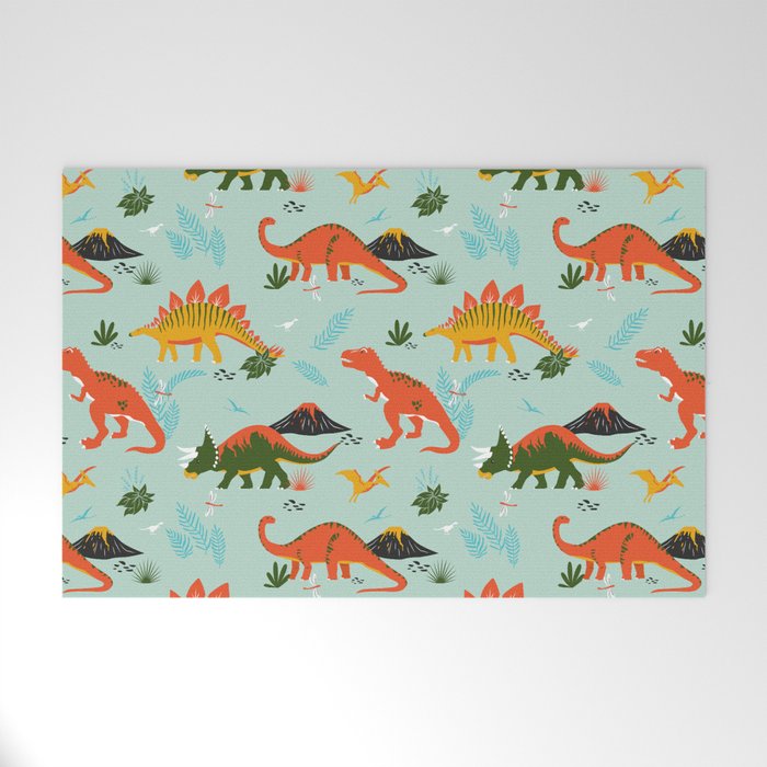 Jurassic Dinosaurs in Blue + Red Welcome Mat