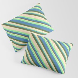 [ Thumbnail: Green, Blue, Dark Olive Green, and Bisque Colored Striped/Lined Pattern Pillow Sham ]