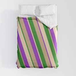[ Thumbnail: Forest Green, Bisque, Dark Orchid & Tan Colored Stripes Pattern Duvet Cover ]