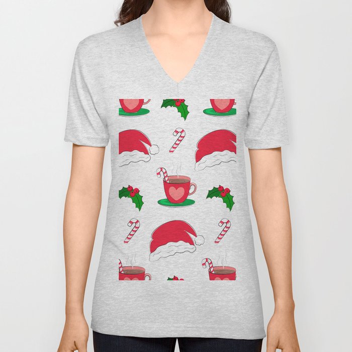 Festive Christmas Seamless Pattern with Hot Chocolate Mug, Sweet Candy, Santa Hat V Neck T Shirt