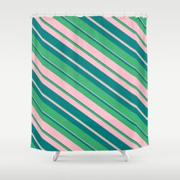 [ Thumbnail: Sea Green, Pink, and Teal Colored Stripes/Lines Pattern Shower Curtain ]