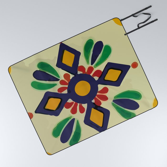 Geometric flower colorful handmade talavera tile Picnic Blanket