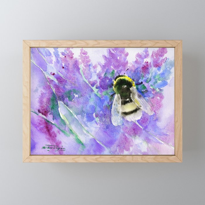 Bumblebee and Lavender Flowers Herbal Bee Honey Purple Floral design Framed Mini Art Print