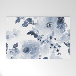 Floral Kingdom Watercolor Navy Blue Painting Of Flowers Peony Welcome Mat