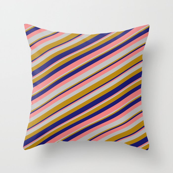 Light Coral, Grey, Dark Goldenrod & Midnight Blue Colored Lines Pattern Throw Pillow