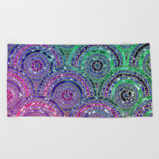 Pink Purple Blue and Green Sparkling Glitter Circles and Dots Beach Towel