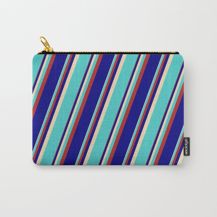 Tan, Turquoise, Red & Blue Colored Lined Pattern Carry-All Pouch