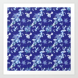 Orchids in a blue night Art Print | Orchids, Watercolor, Cobalt, Pattern, Floral, Graphicdesign, Country, Flowers, Chic, Home 