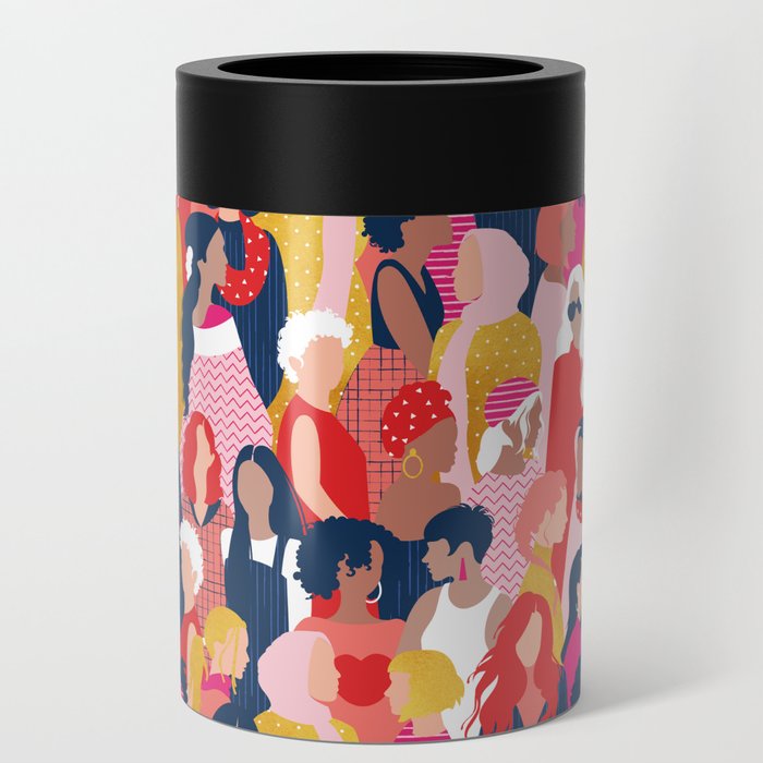 Every day we glow International Women's Day // midnight navy blue background pastel and fuchsia pink coral vivid red and gold humans  Can Cooler