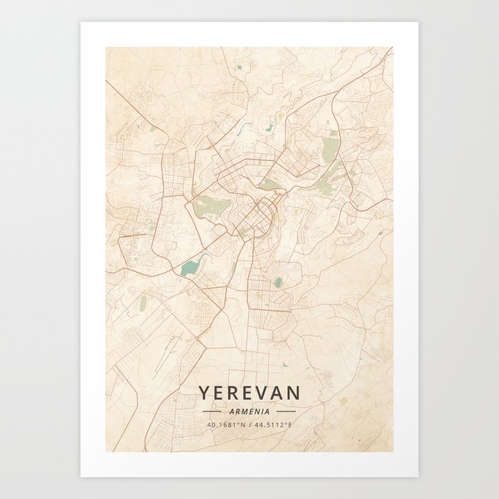 Yerevan, Armenia - Vintage Map Art Print