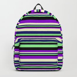 [ Thumbnail: Dark Violet, Light Yellow, Midnight Blue, Light Green, and Black Colored Lined/Striped Pattern Backpack ]