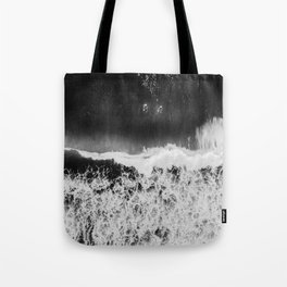 Surfer girls from above in Ericeira Portugal | Ocean wanderlust photography black and white print Tote Bag