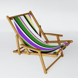 [ Thumbnail: Purple, Tan, Forest Green, Black, and White Colored Lined/Striped Pattern Sling Chair ]