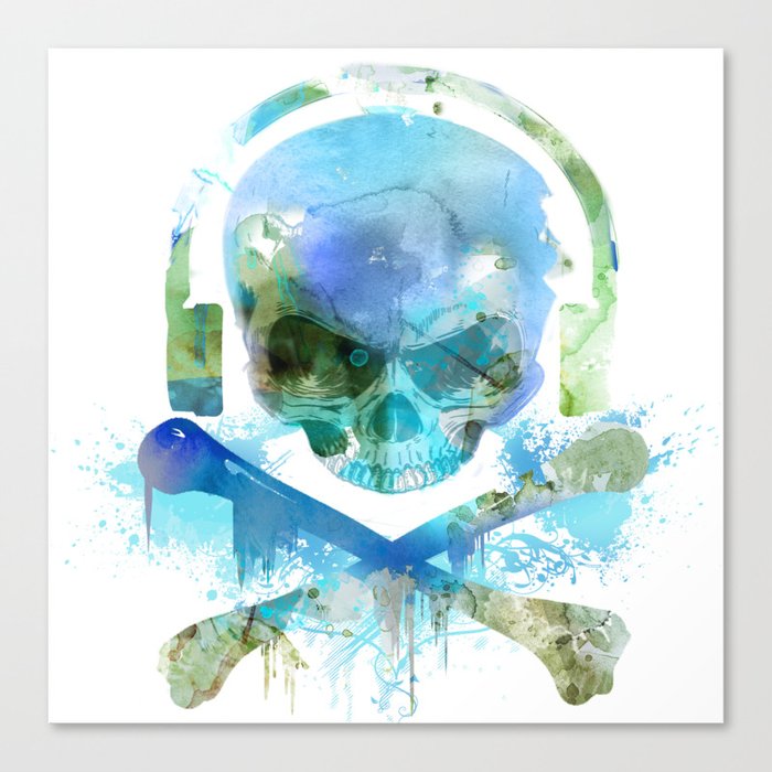 Watercolour Skull Crossbones With Headphones Canvas Print By Tasharts