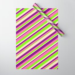 [ Thumbnail: Purple, Hot Pink, Green & Bisque Colored Lined Pattern Wrapping Paper ]