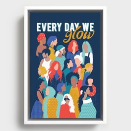Every day we glow International Women's Day // midnight navy blue background teal, mint, electric blue neon orange red and gold humans  Framed Canvas