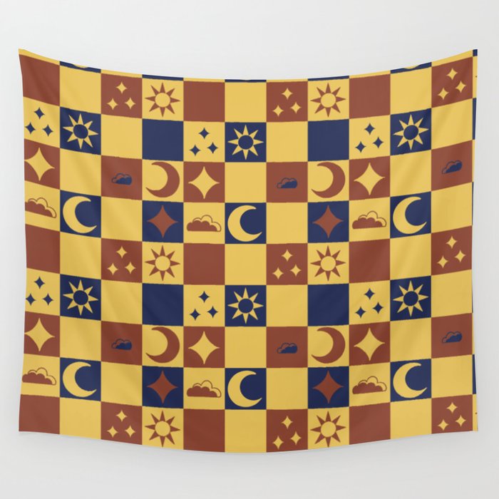Medieval Celestial Banner Pattern in Red and Blue Wall Tapestry