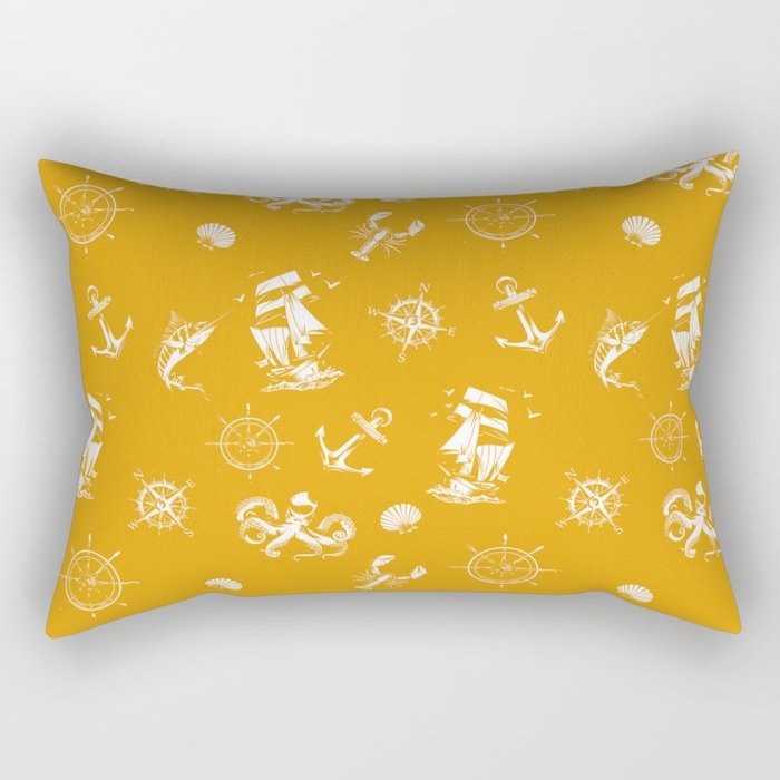Mustard And White Silhouettes Of Vintage Nautical Pattern Rectangular Pillow