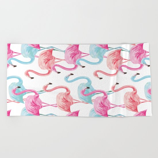 flamingo pink and blue watercolor seamless pattern Beach Towel