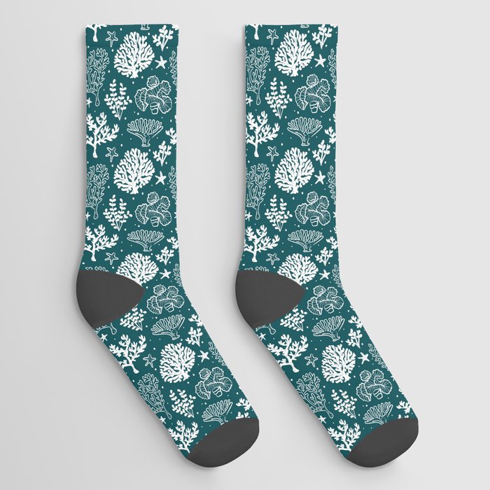 Teal Blue And White Coral Silhouette Pattern Socks