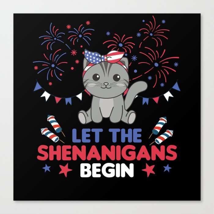 Happy 4th Cute Cat With Fireworks America Canvas Print