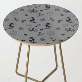 Grey And Blue Silhouettes Of Vintage Nautical Pattern Side Table