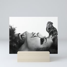 Dark owl sits on the black charming woman face  Mini Art Print