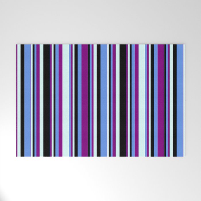 Cornflower Blue, Purple, Light Cyan, and Black Colored Stripes Pattern Welcome Mat