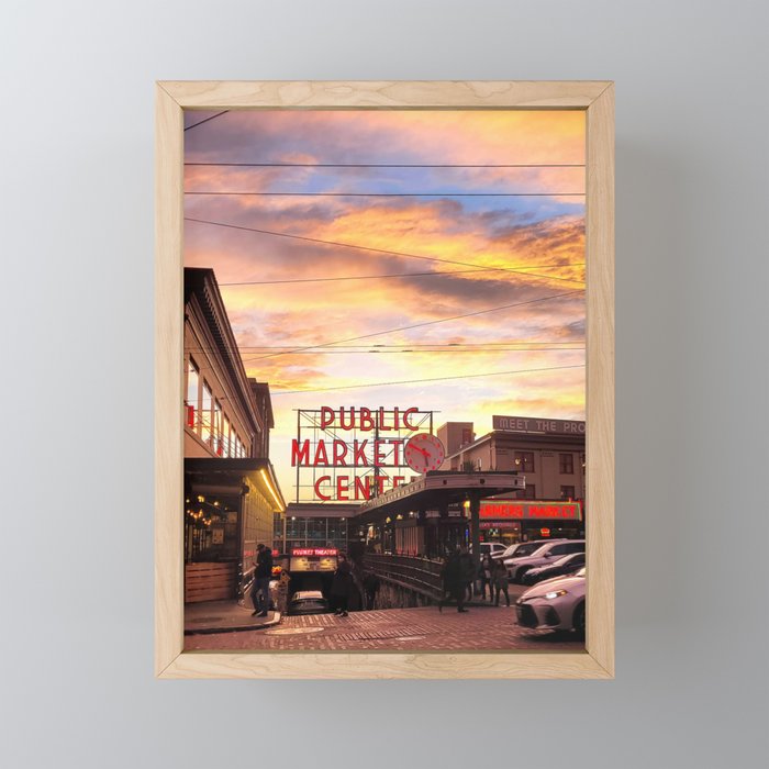 Burning Pike Place Sunset Framed Mini Art Print