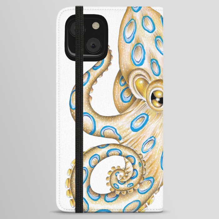 Blue Ring Octopus on White Nautical Art iPhone Wallet Case
