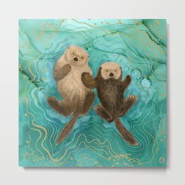 Otters Holding Paws, Floating in Emerald Waters Metal Print | Emeraldwater, Water, Ocean, Holdinghands, Couple, Floating, Kawaii, Cuteseaotter, Naturelovers, Adorableanimals 