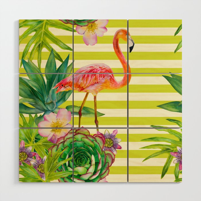 seamless pattern with pink flamingo and exotic tropical plants on a striped background Wood Wall Art