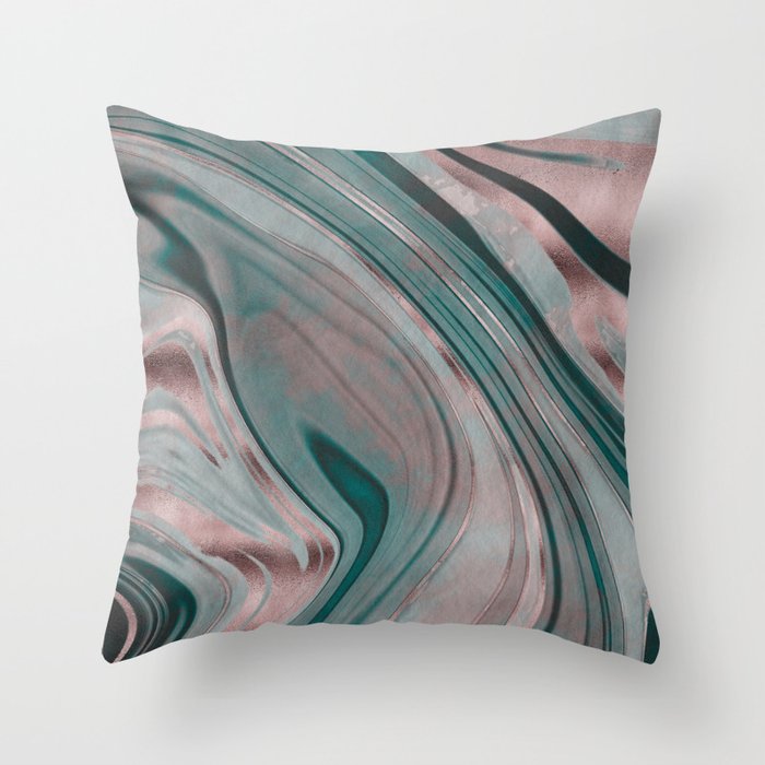 Shiny Rose Gold And Teal Marble Gemstone Throw Pillow