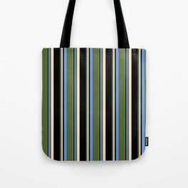 [ Thumbnail: Cornflower Blue, Dark Olive Green, Bisque, and Black Colored Striped Pattern Tote Bag ]