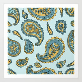 Teal, blue, light blue and gold, orange paisley pattern background wallpaper seamless for mother Art Print