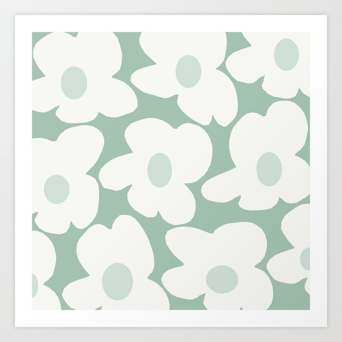 Large White (with hint of green) Retro Flowers Pastel Green Background #decor #society6 #buyart Art Print