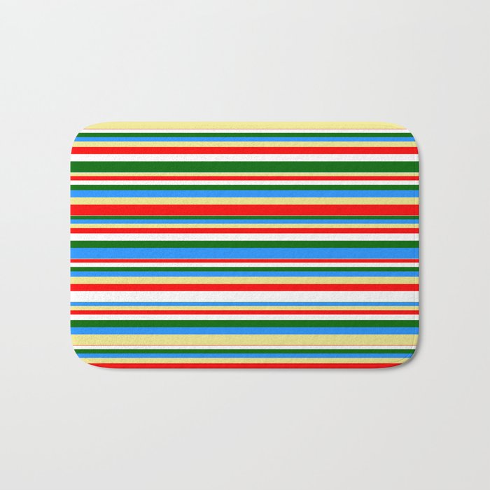 Colorful Blue, Tan, Red, White, and Dark Green Colored Striped/Lined Pattern Bath Mat