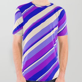 [ Thumbnail: Beige, Medium Slate Blue, Dark Violet & Blue Colored Stripes Pattern All Over Graphic Tee ]