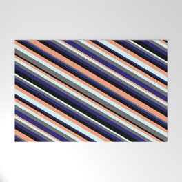[ Thumbnail: Vibrant Black, Light Salmon, Light Cyan, Dim Gray, and Midnight Blue Colored Lines Pattern Welcome Mat ]