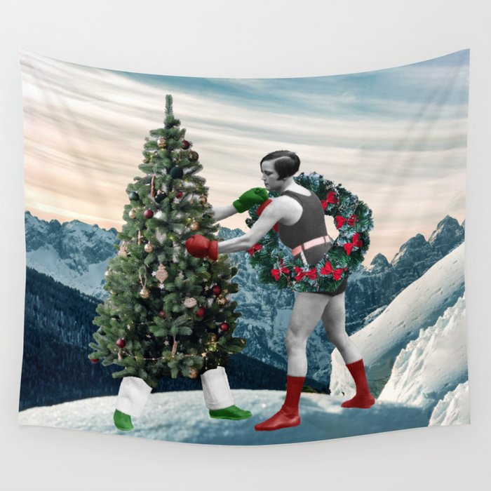Collage Art Print of a Boxing Christmas Tree and a Female Boxer "Deck Those Halls" Wall Tapestry