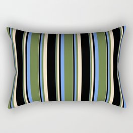 [ Thumbnail: Cornflower Blue, Dark Olive Green, Bisque, and Black Colored Striped Pattern Rectangular Pillow ]